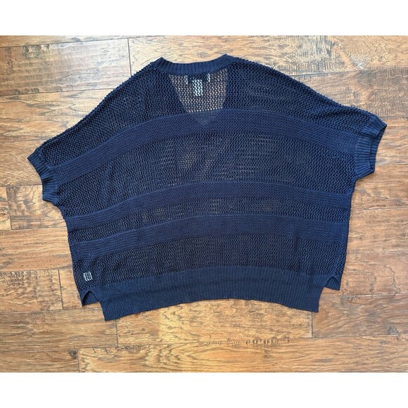 Joan Vass Navy Blue Linen Cotton Oversize Mesh Sheer Boxy Striped Sweater O/S - Picture 2 of 8